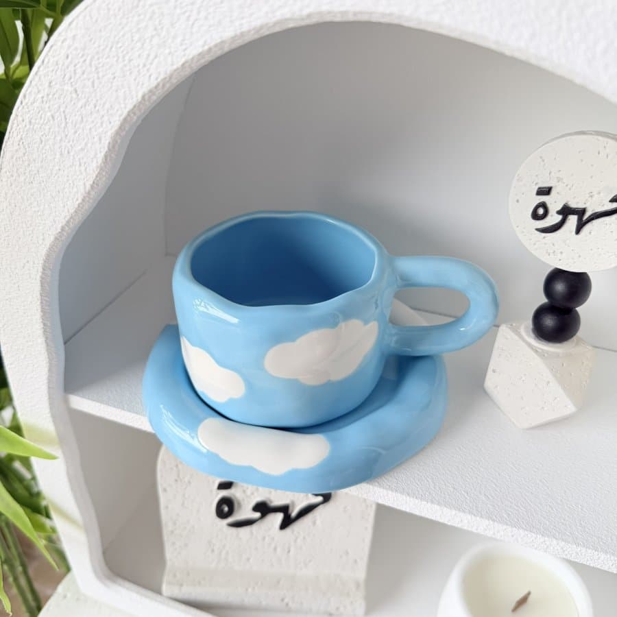 كوب بورسلان غيمة ازرق مع صحن